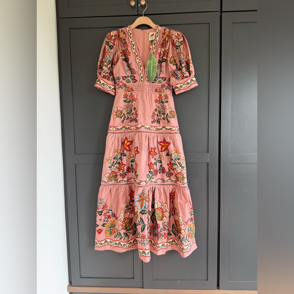 Farm Rio Garden Delight Pink Short Sleeve Maxi Dress • S • NWT - Picture 3 of 17